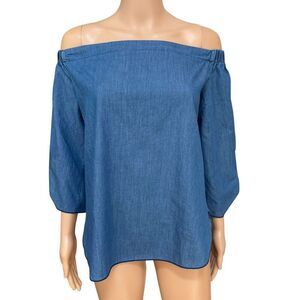 Bluebell 100% cotton Off Shoulder Top blouse Chambray 3/4 Tie Sleeves Blue Sz XL